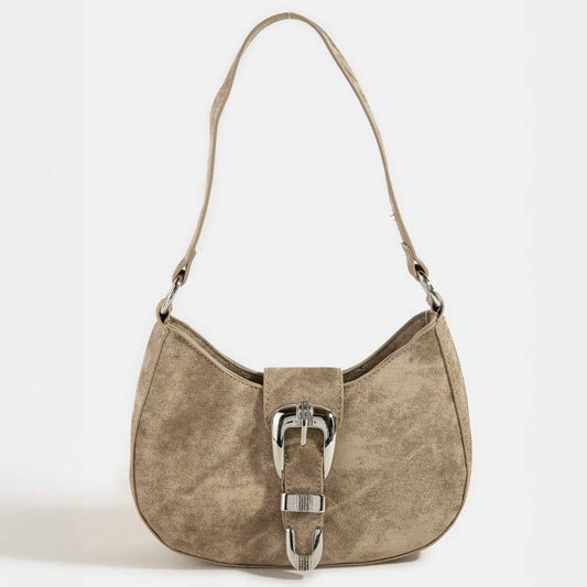 Taupe Suede Buckle Hobo Bag | Vintage-Style Shoulder Bag with Silver Hardware