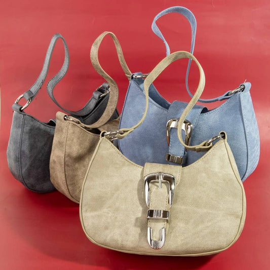 Gray Denim Buckle Hobo Bag | Vintage-Style Shoulder Bag with Silver Hardware