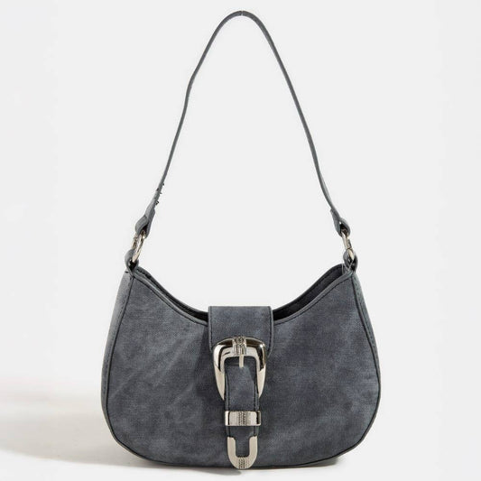 Gray Denim Buckle Hobo Bag | Vintage-Style Shoulder Bag with Silver Hardware