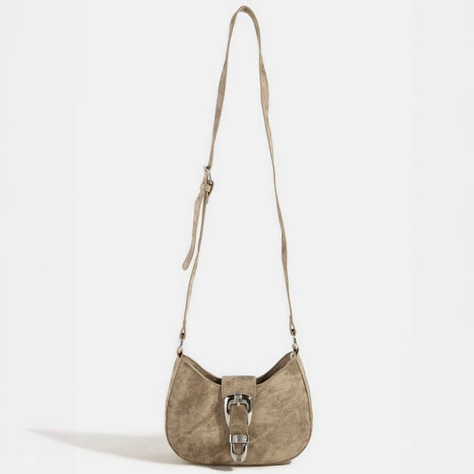 Taupe Suede Buckle Hobo Bag | Vintage-Style Shoulder Bag with Silver Hardware